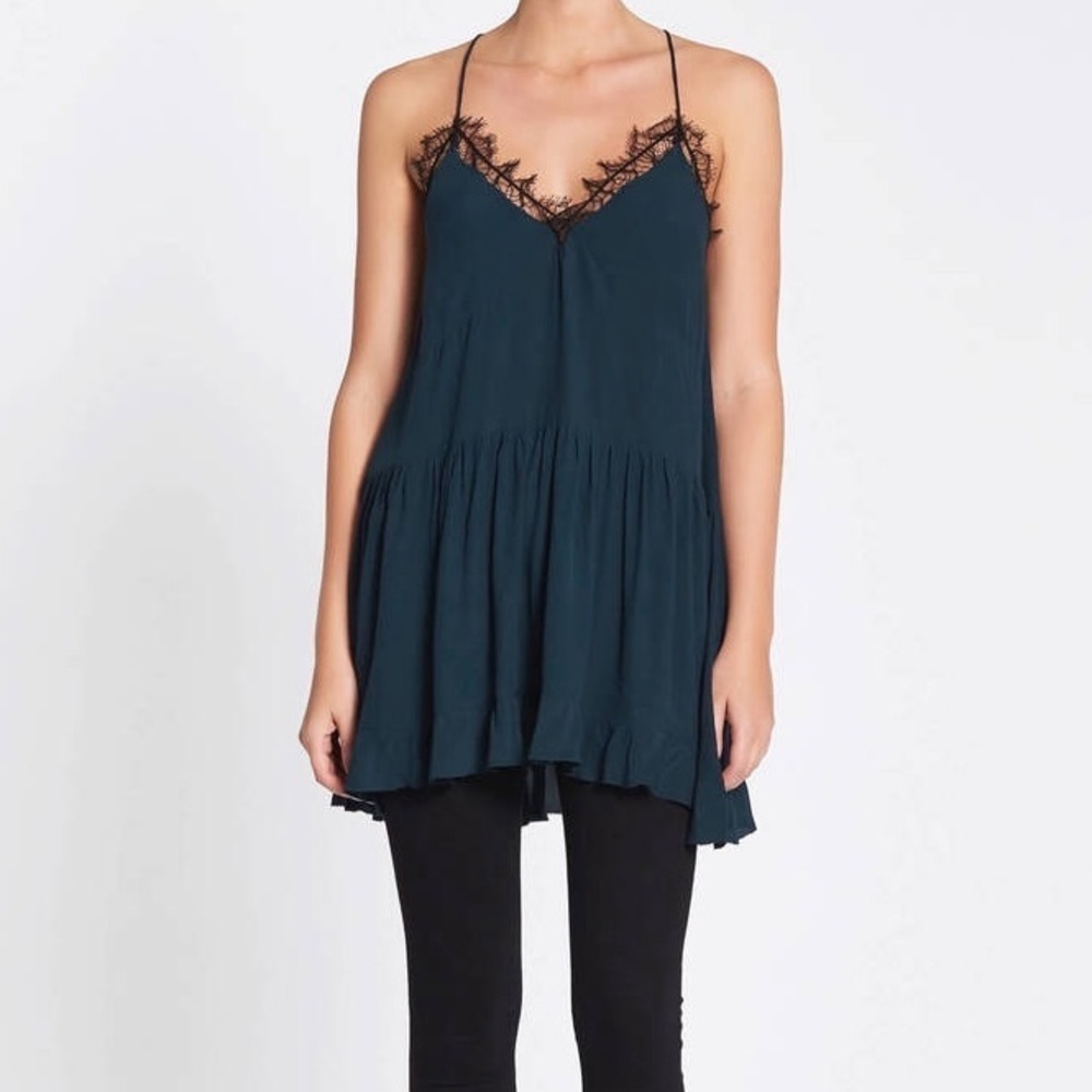 IRO Enes Dress Industrial Blue Black Lace Trim Women's V Neck Racerback 36